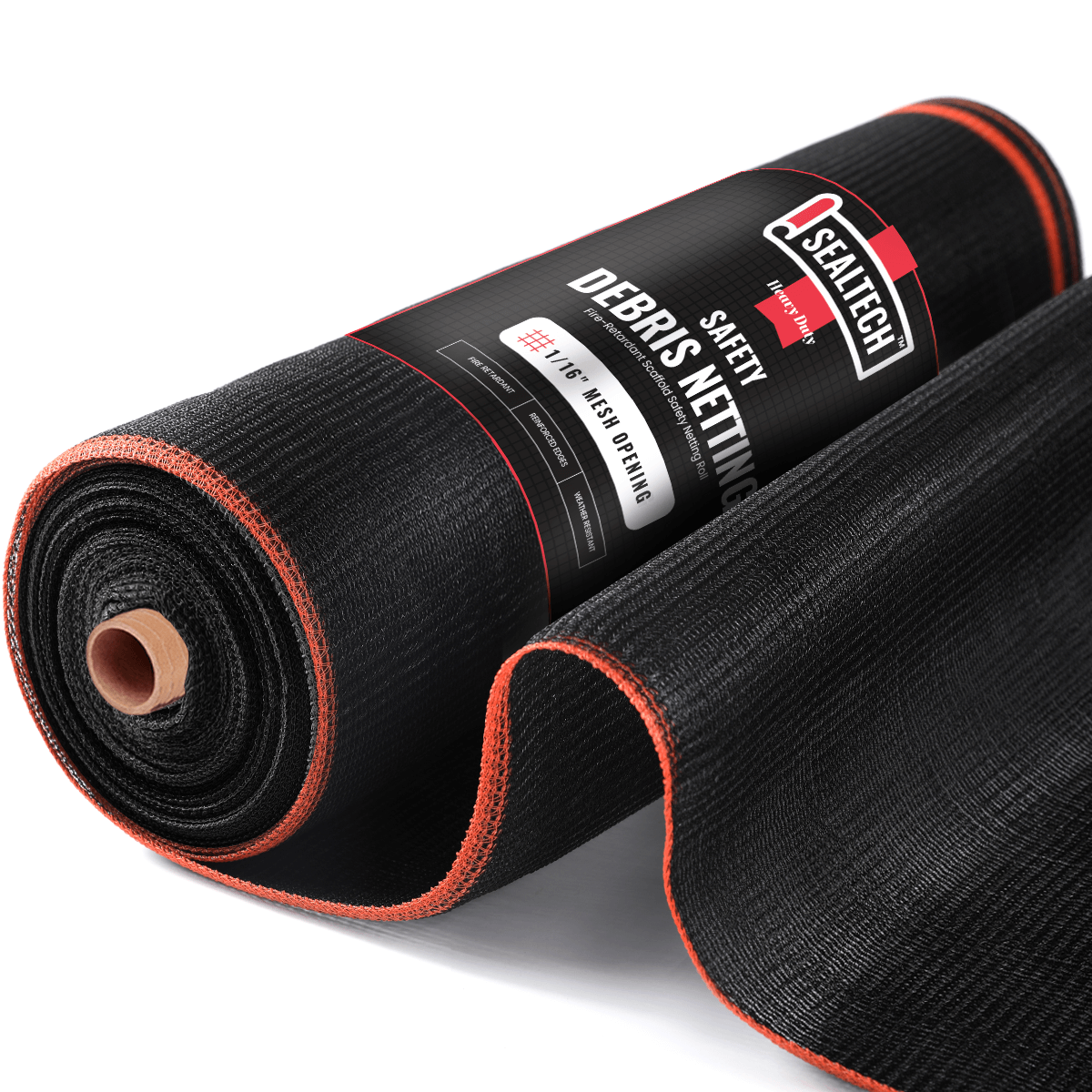 SEALTECH heavy duty safety debris netting roll 1/16" black with label, ideal for construction and safety applications.