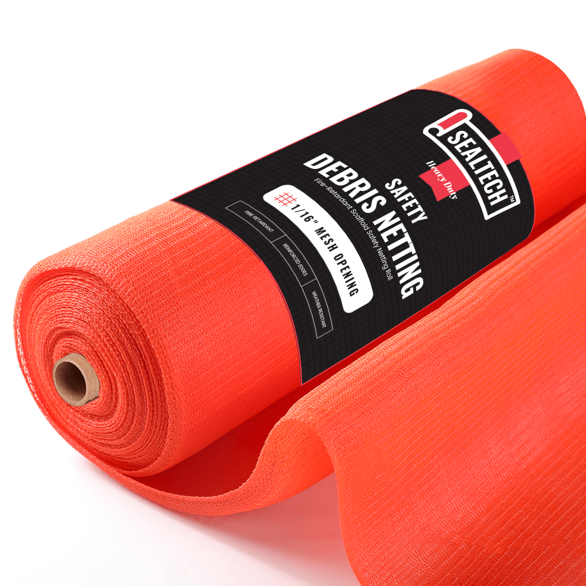 SEALTECH Heavy Duty Safety Debris Netting Roll 1/16" Orange, fire-retardant, durable polyethylene, compliant with safety standards.