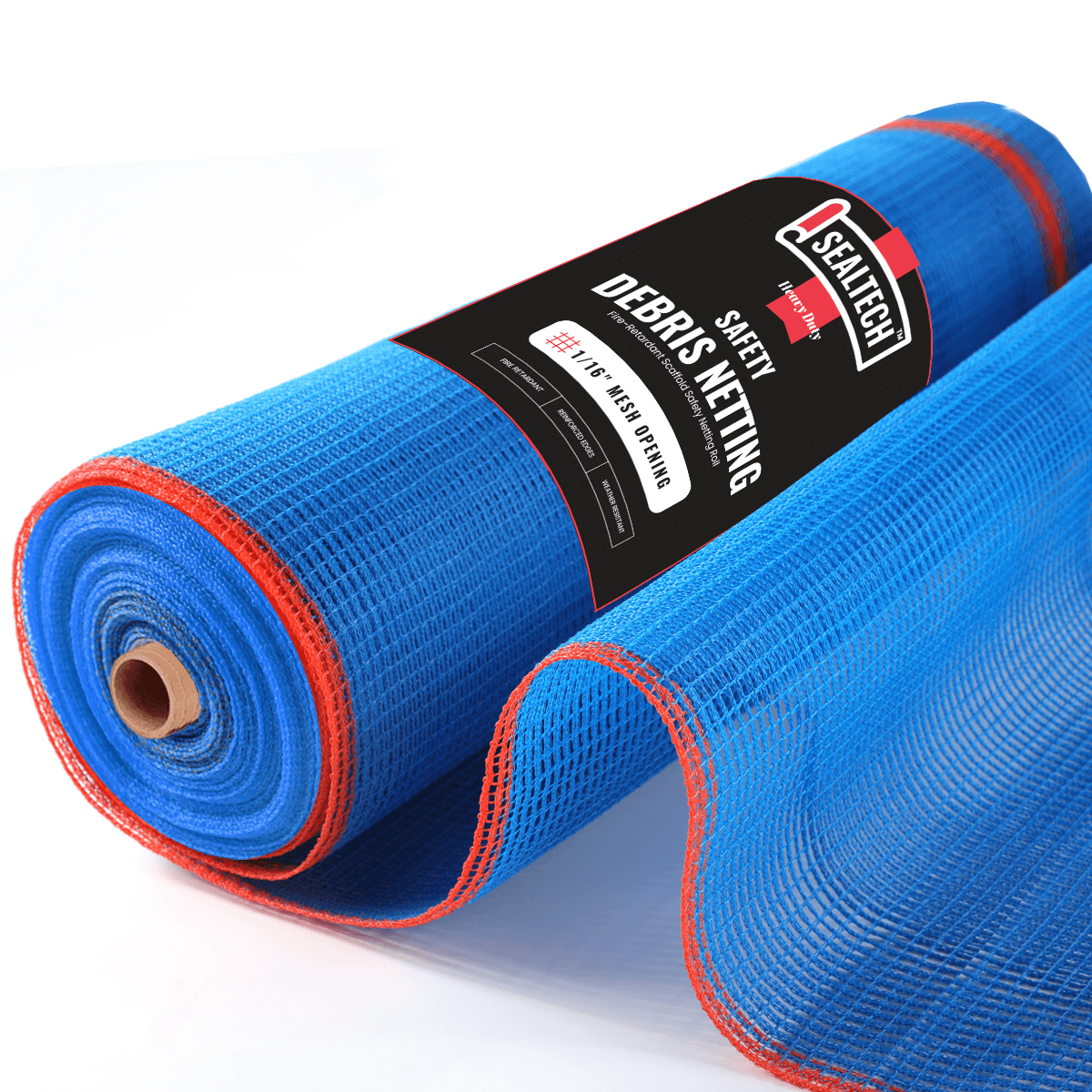 SEALTECH heavy duty blue safety debris netting roll, 1/16" thickness, designed for maximum protection and fire safety compliance.