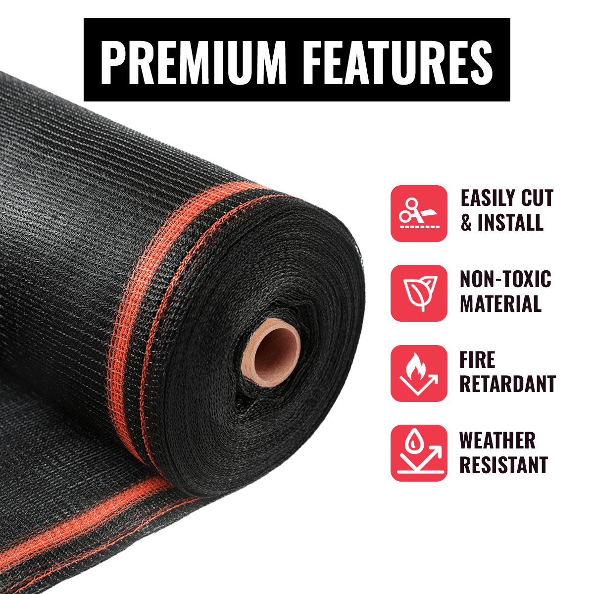 Close-up of SEALTECH Heavy Duty Safety Debris Netting Roll showcasing premium features like non-toxic, fire retardant, and weather resistant.