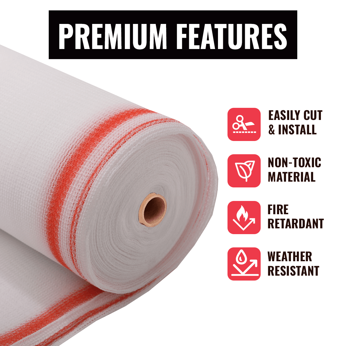 SEALTECH heavy duty debris netting roll showcasing premium features: easily cut, non-toxic, fire retardant, and weather resistant.