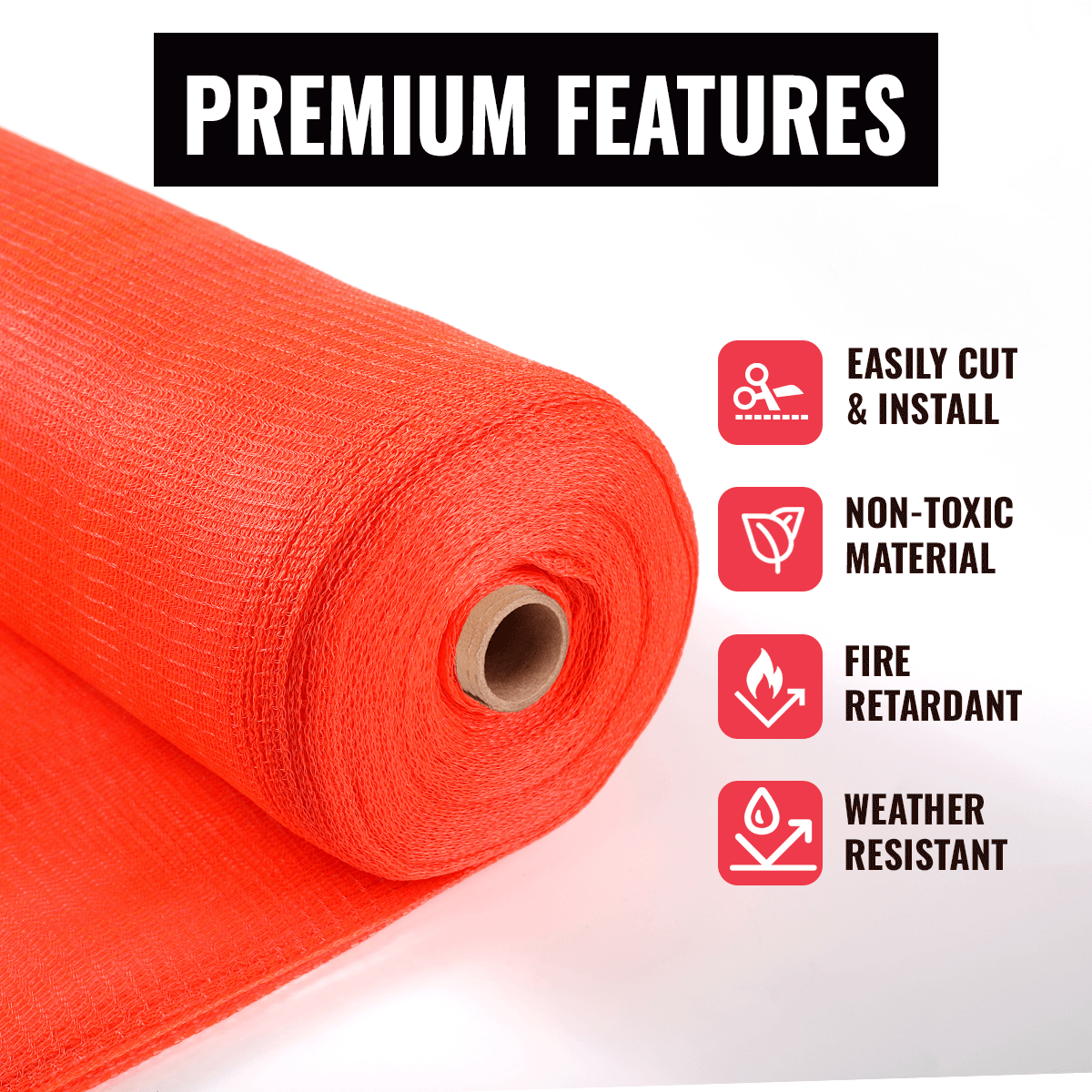 SEALTECH heavy duty orange debris netting roll showcasing premium features like fire retardant and weather resistant.