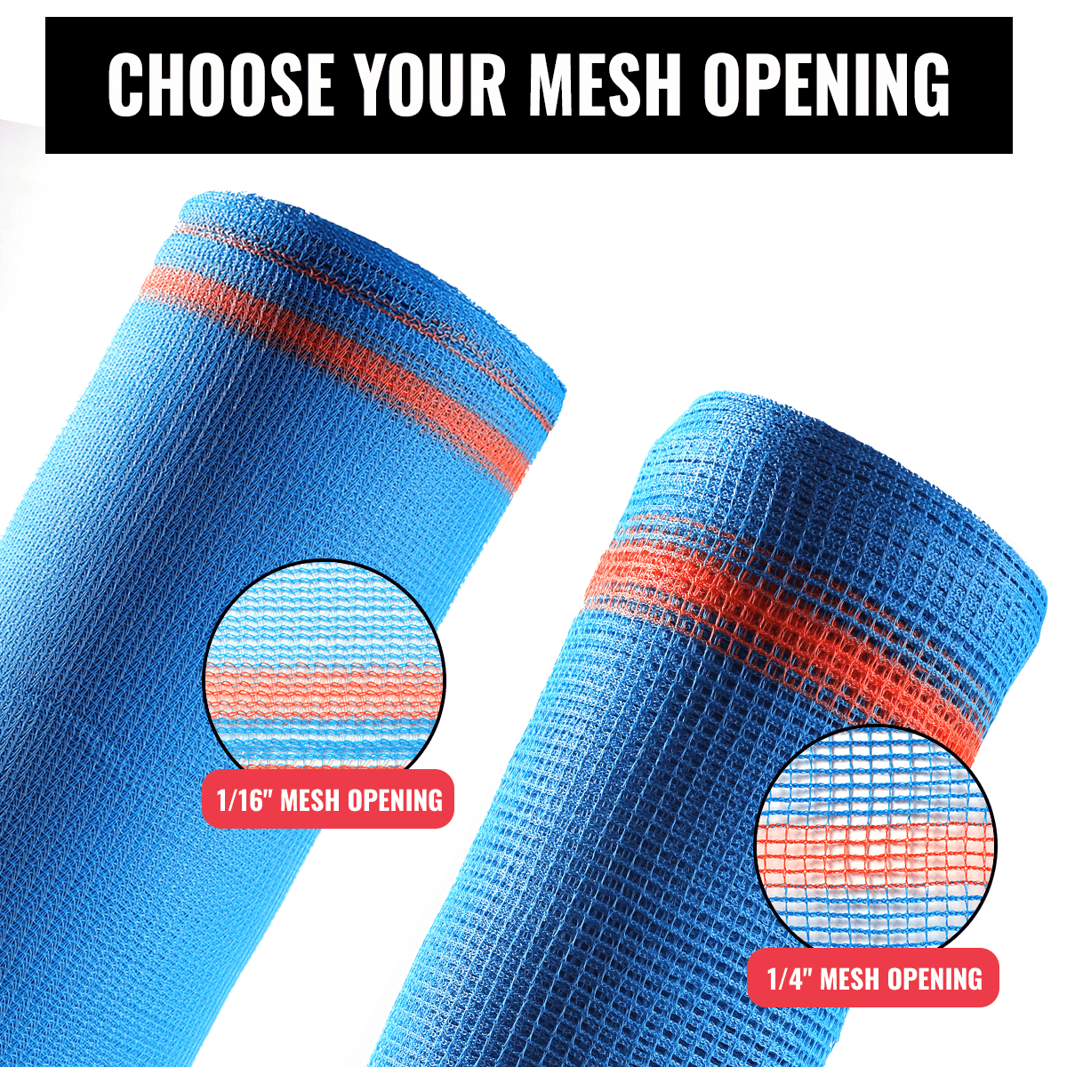 SEALTECH blue safety debris netting rolls featuring 1/16" and 1/4" mesh openings for enhanced safety options.