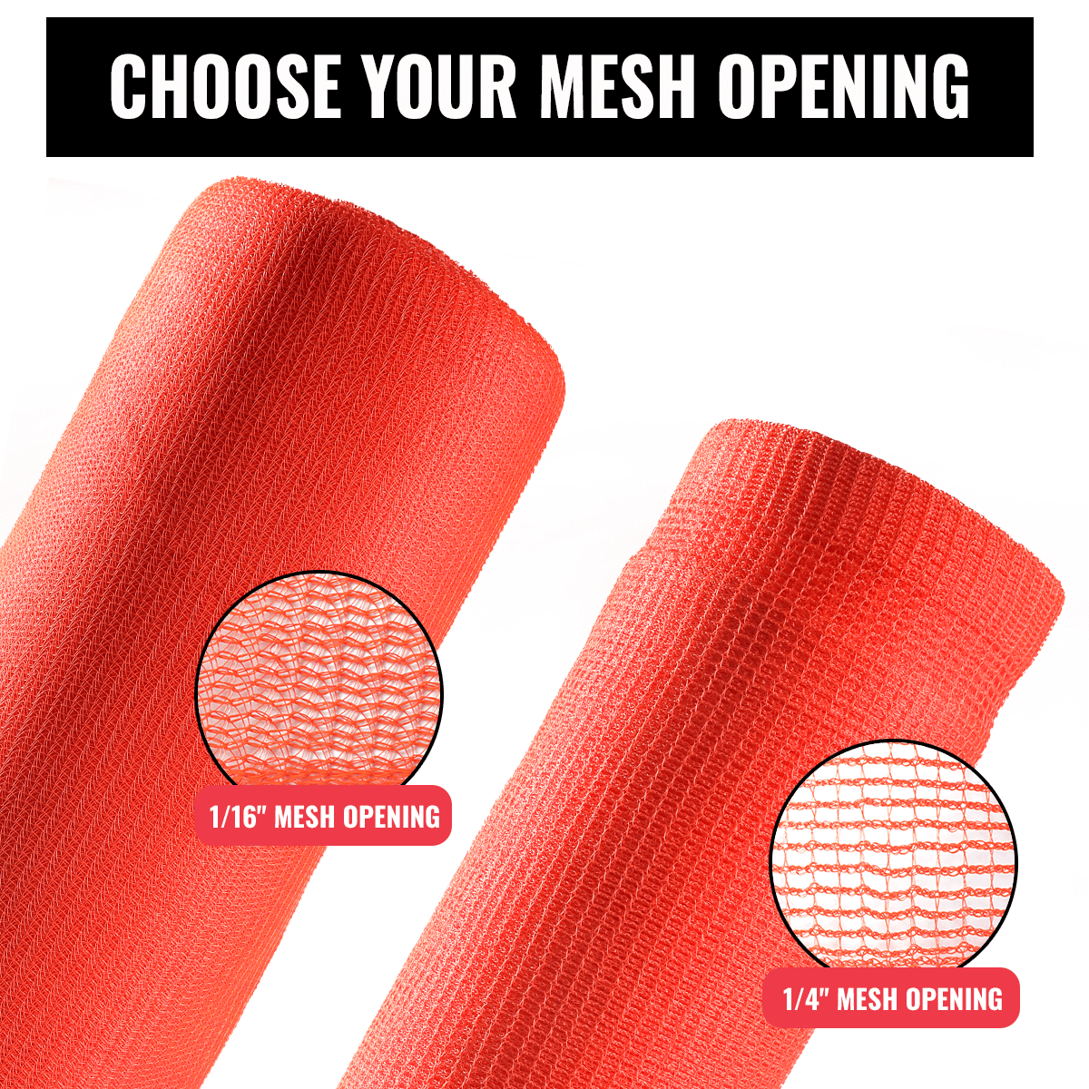 SEALTECH safety debris netting rolls showcasing 1/16" and 1/4" mesh openings in vibrant orange color. Choose your mesh size.