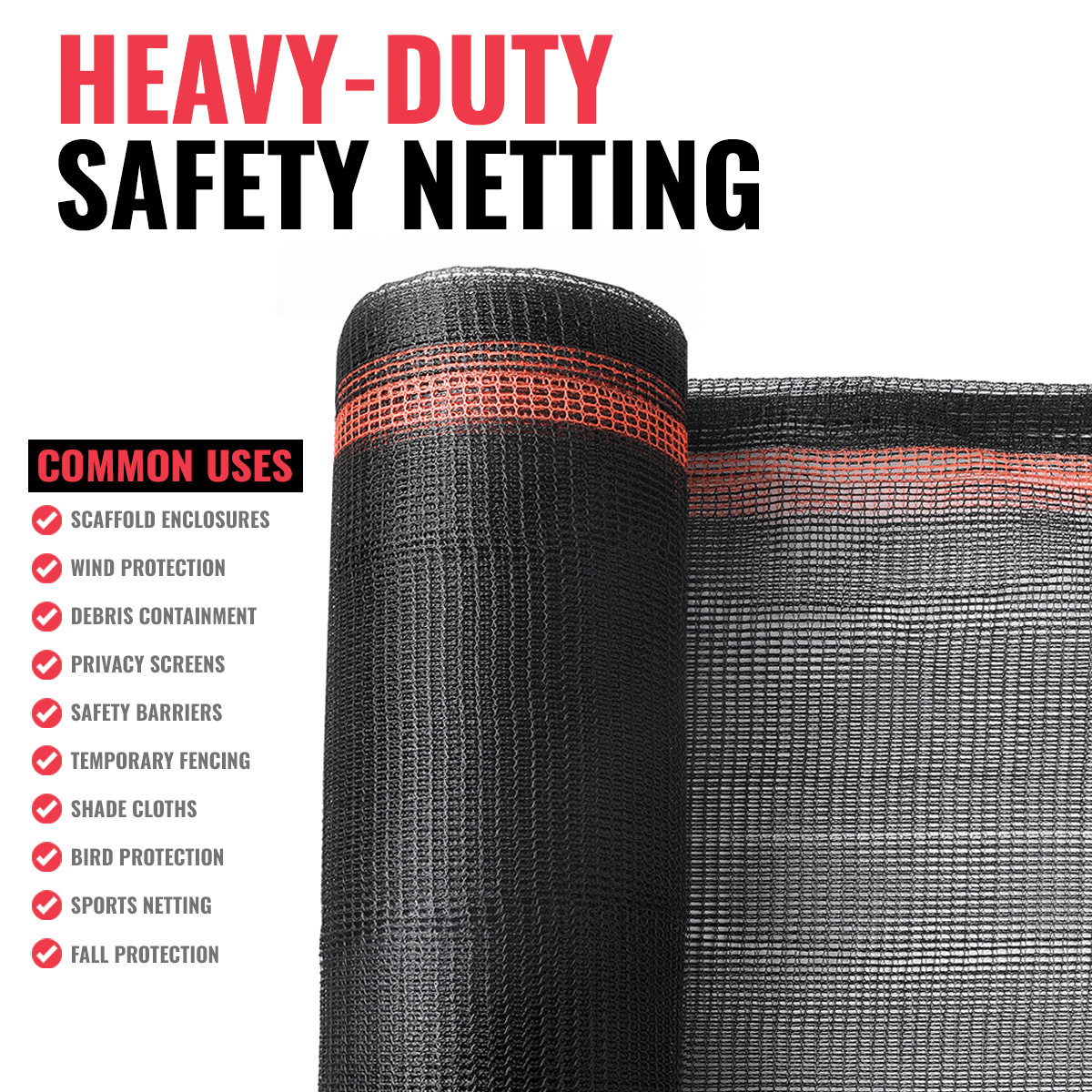 Heavy-duty safety netting roll showcasing various common uses like debris containment, wind protection, and fall protection.