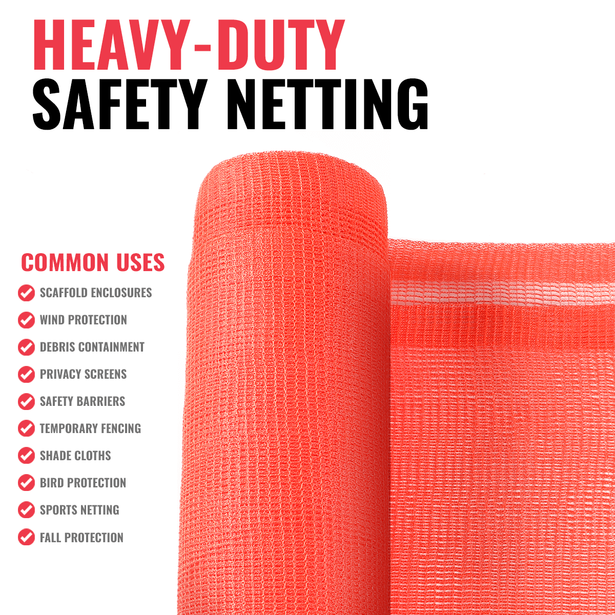 Heavy-duty safety netting roll in orange, showcasing common uses like debris containment and fall protection.