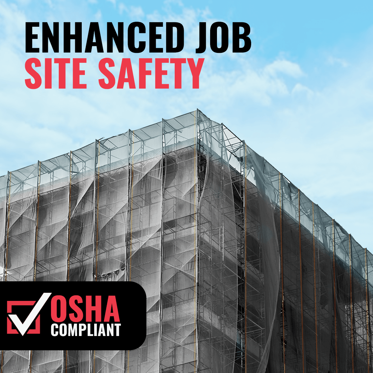 Enhanced job site safety with OSHA compliant debris netting on a construction site.