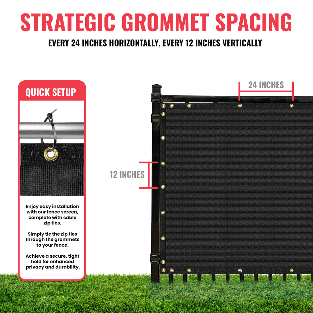 SEALTECH Ultra Heavy Duty 200 GSM Black Privacy Fence Screen with strategic grommet spacing for easy installation and enhanced durability