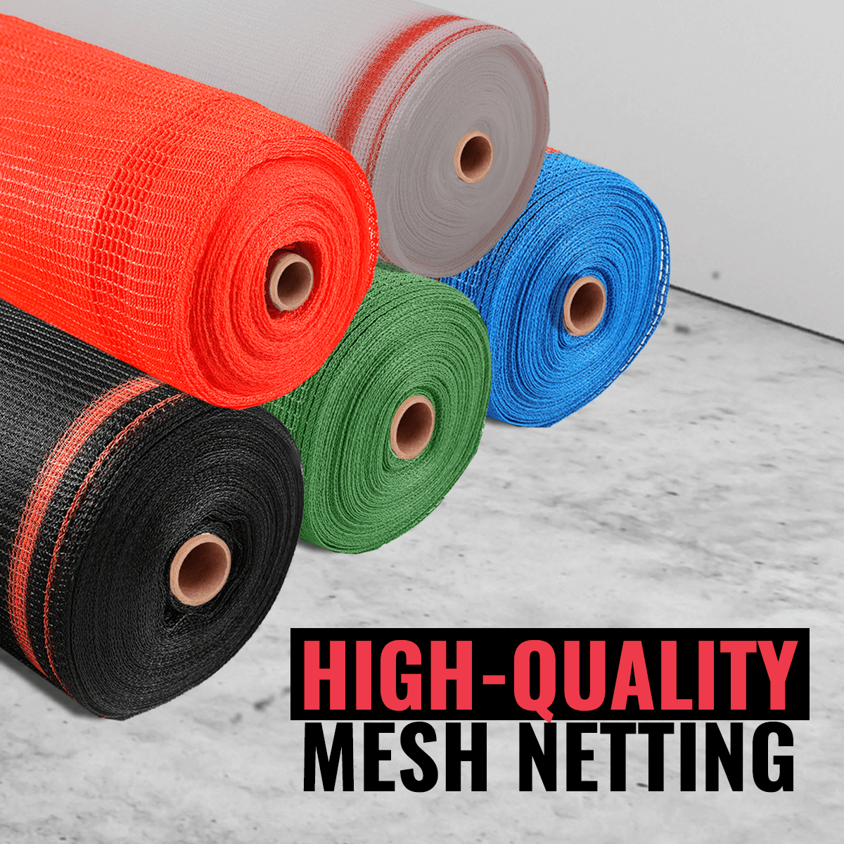 High-quality mesh netting rolls in various colors including red, green, gray, blue, and black on a marble surface.