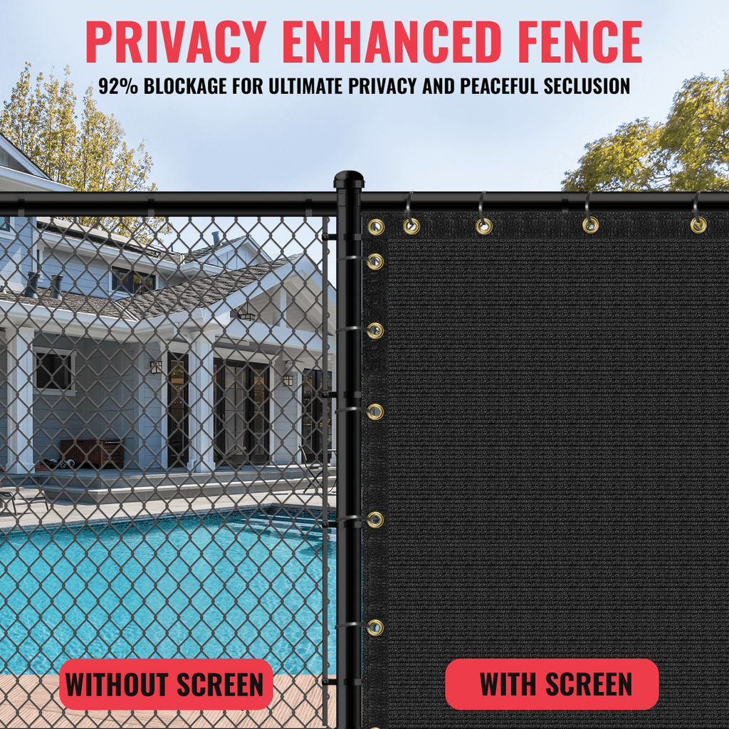 SEALTECH 200 GSM Black Privacy Fence Screen on a backyard fence showing with and without screen for 92% blockage and outdoor seclusion