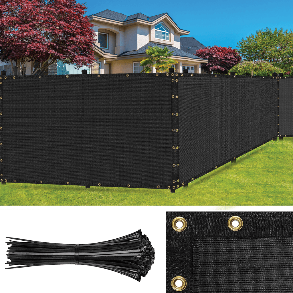 SEALTECH Ultra Heavy Duty 200 GSM Black Privacy Fence Screen installed in outdoor residential space showing rustproof grommets and bindings.