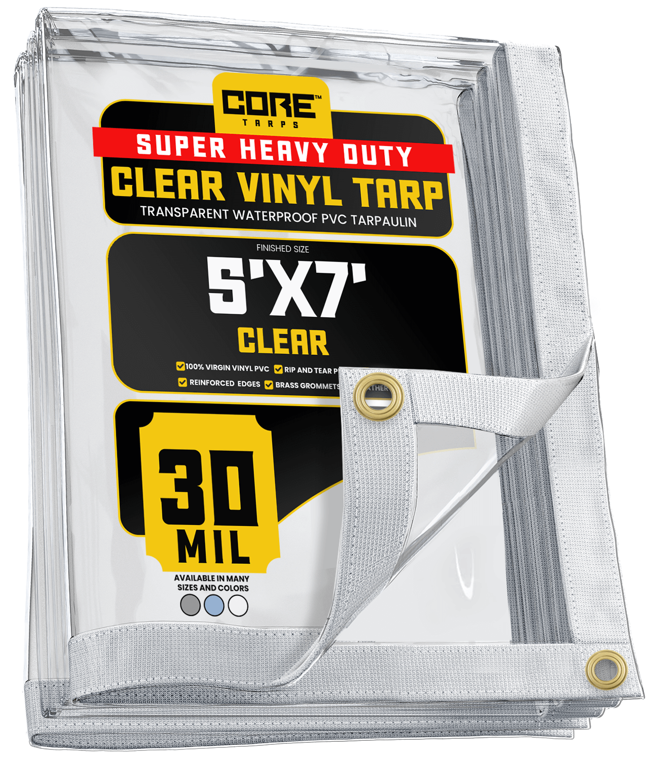 Core Tarps 5' x 7' Clear Extreme Heavy-Duty Weatherproof 30 Mil PVC Vinyl Tarp with Reinforced Edges CT-201-5X7