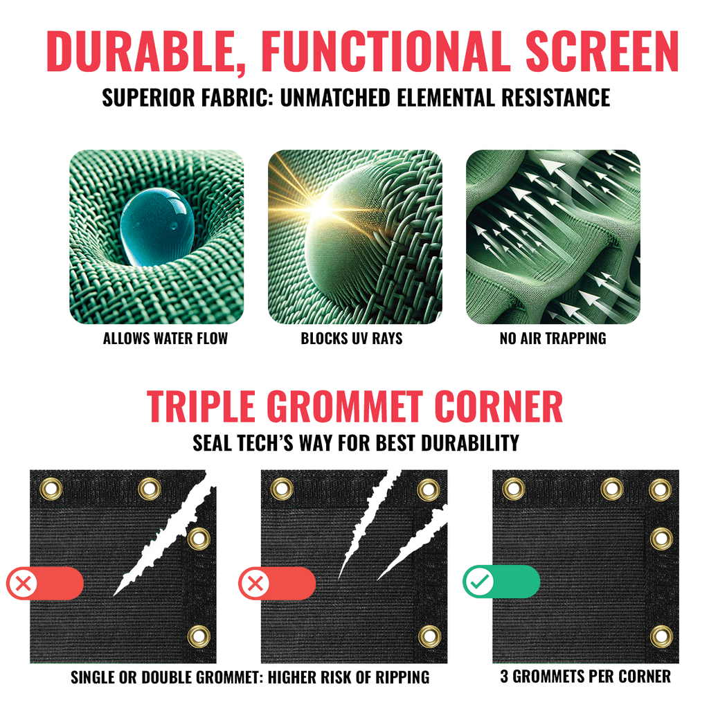 Durable SEALTECH privacy fence screen with superior fabric, triple grommet corners, water flow allowance, UV blockage, and no air trapping